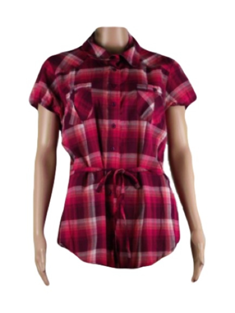 Arizona Jean Company Red Plaid Short-Sleeve Button-Down with Waist Tie